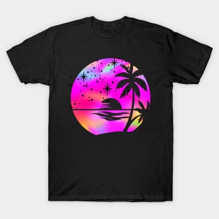 Hot Pink Holographic Rainbow Palm Trees: Ocean Beach Scene Retro Vintage Sunset Aesthetic T-Shirt